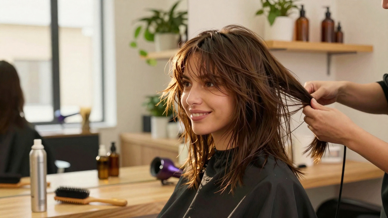 Mulher sorrindo enquanto profissional penteia seu cabelo molhado em salão moderno e iluminado.