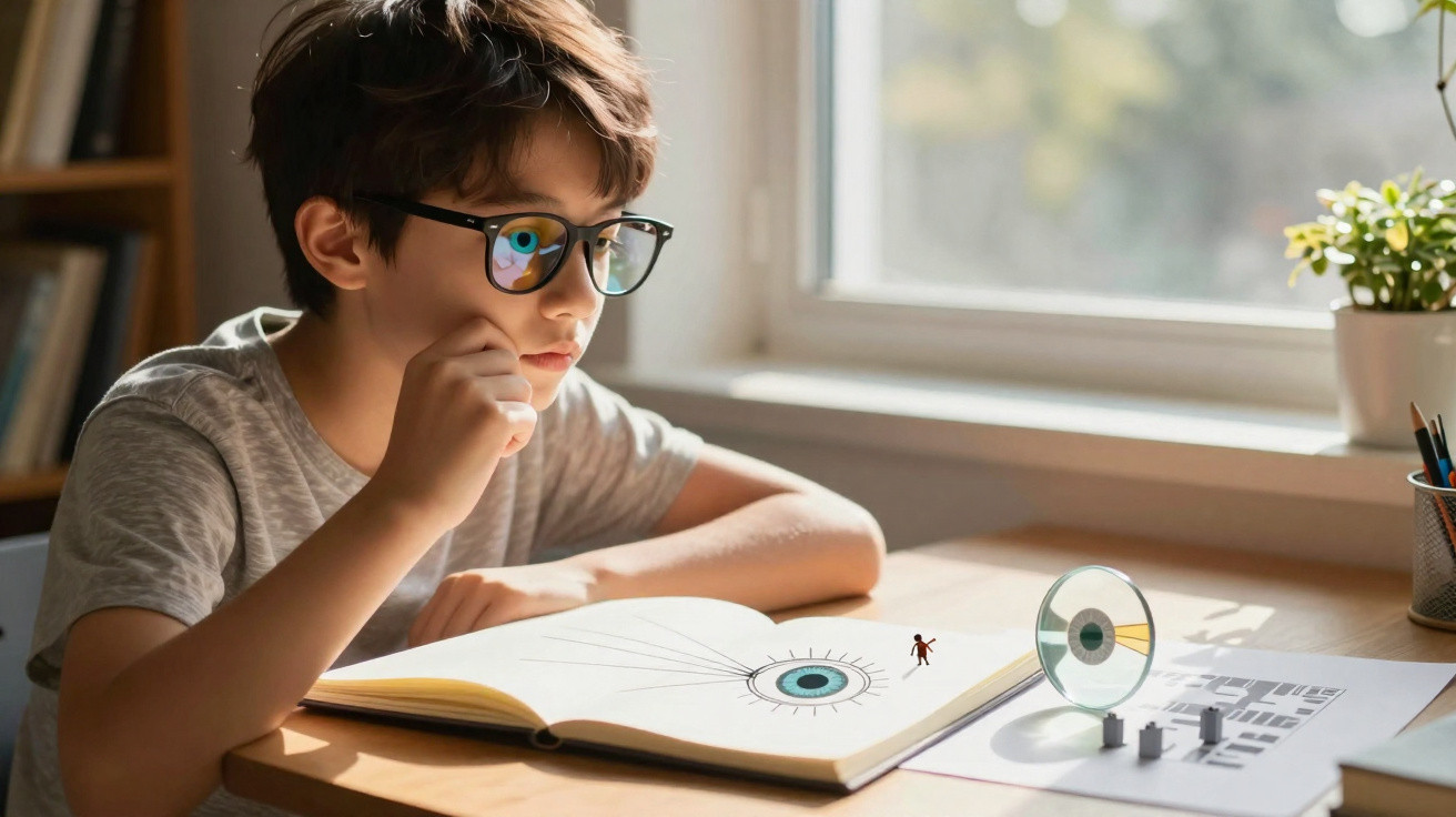 Menino de óculos observa livro aberto com desenho de olho e figura humana em mesa iluminada por janela.