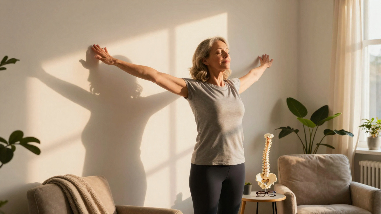 Mulher madura se alongando com os braços abertos em sala iluminada pelo sol da manhã.