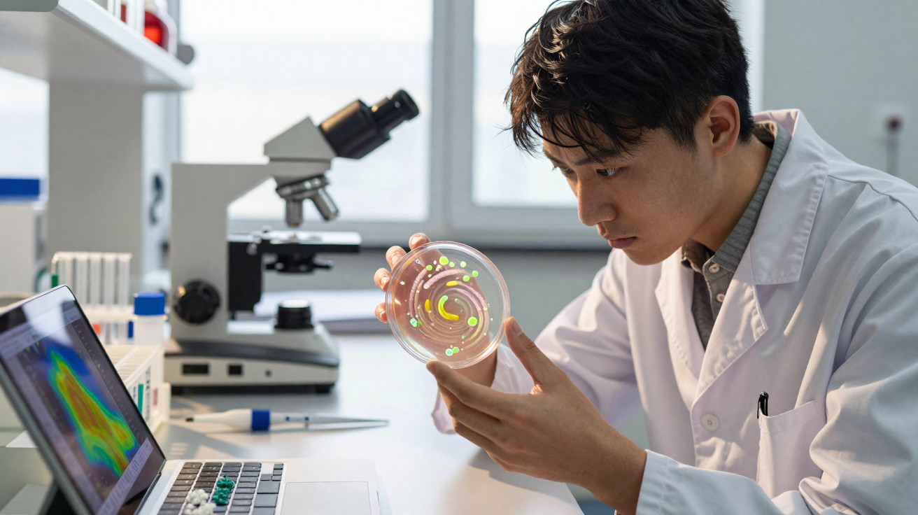 Cientista em jaleco branco analisando placa de Petri com cultura bacteriana em laboratório moderno.