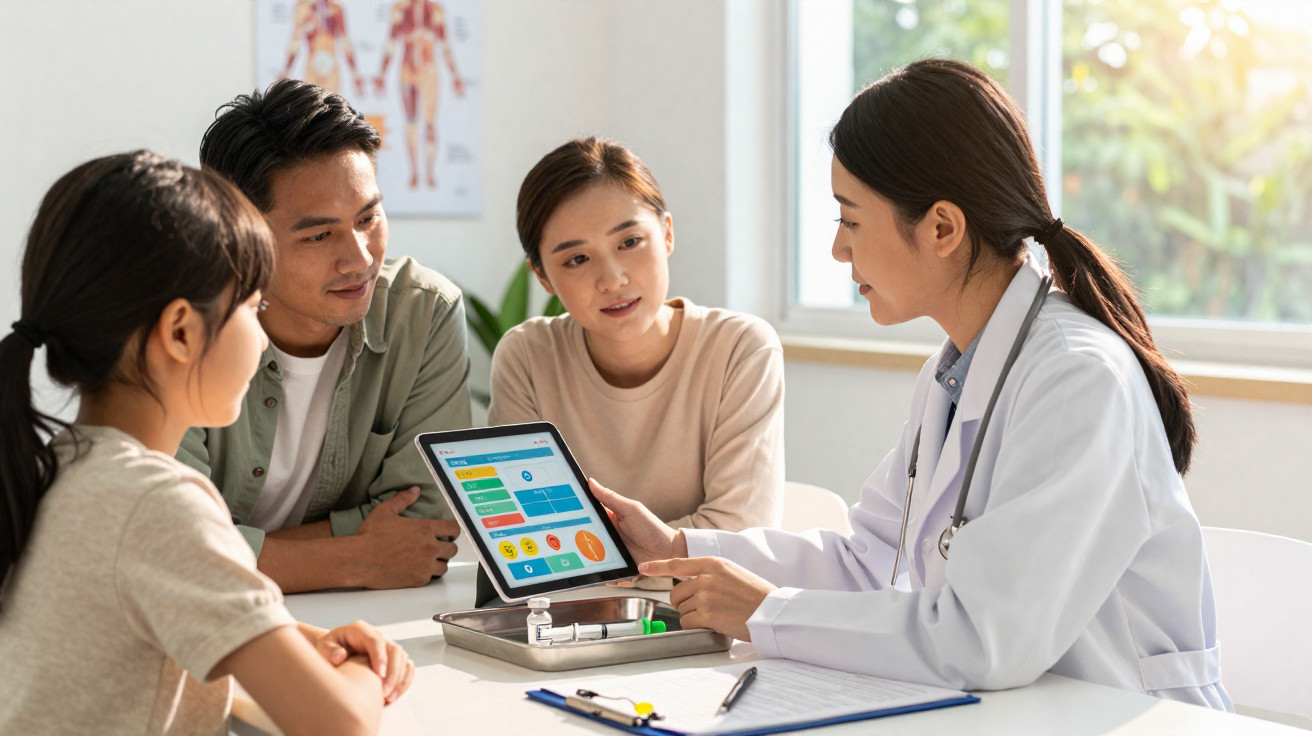 Médica mostrando resultados em tablet para casal e jovem em consulta em ambiente claro e acolhedor.