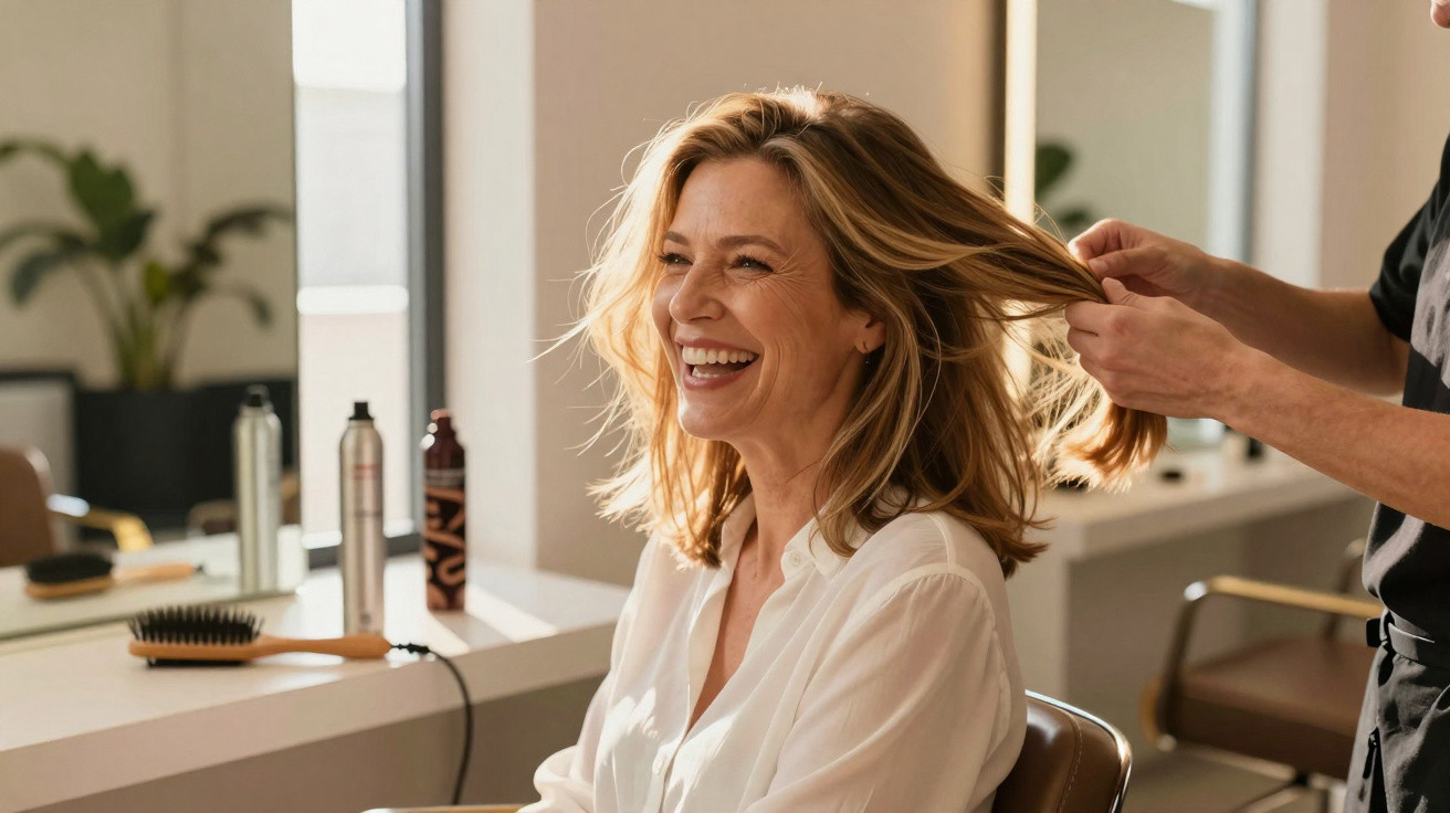 Mulher sorridente recebendo penteado profissional em salão com produtos e espelho ao fundo.