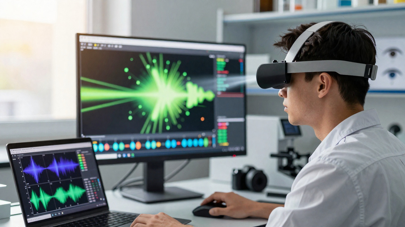 Homem usando óculos de realidade virtual analisando gráficos de áudio em dois monitores na mesa.