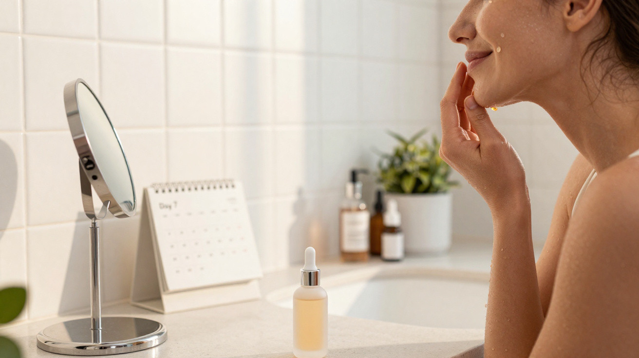 Mulher aplicando produto facial em frente a espelho em banheiro com calendário e itens de skincare.