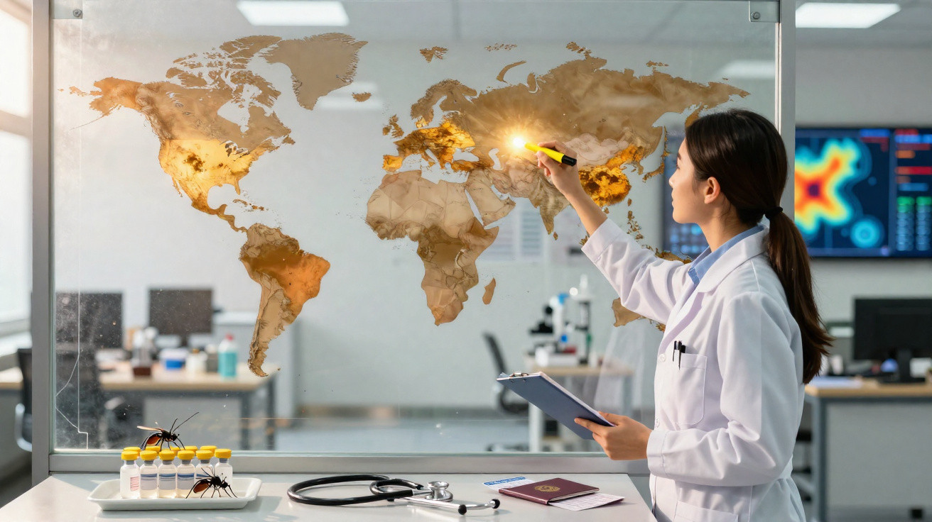 Mulher cientista destaca áreas em mapa-múndi em vidro, com material médico e mosquitos em laboratório.