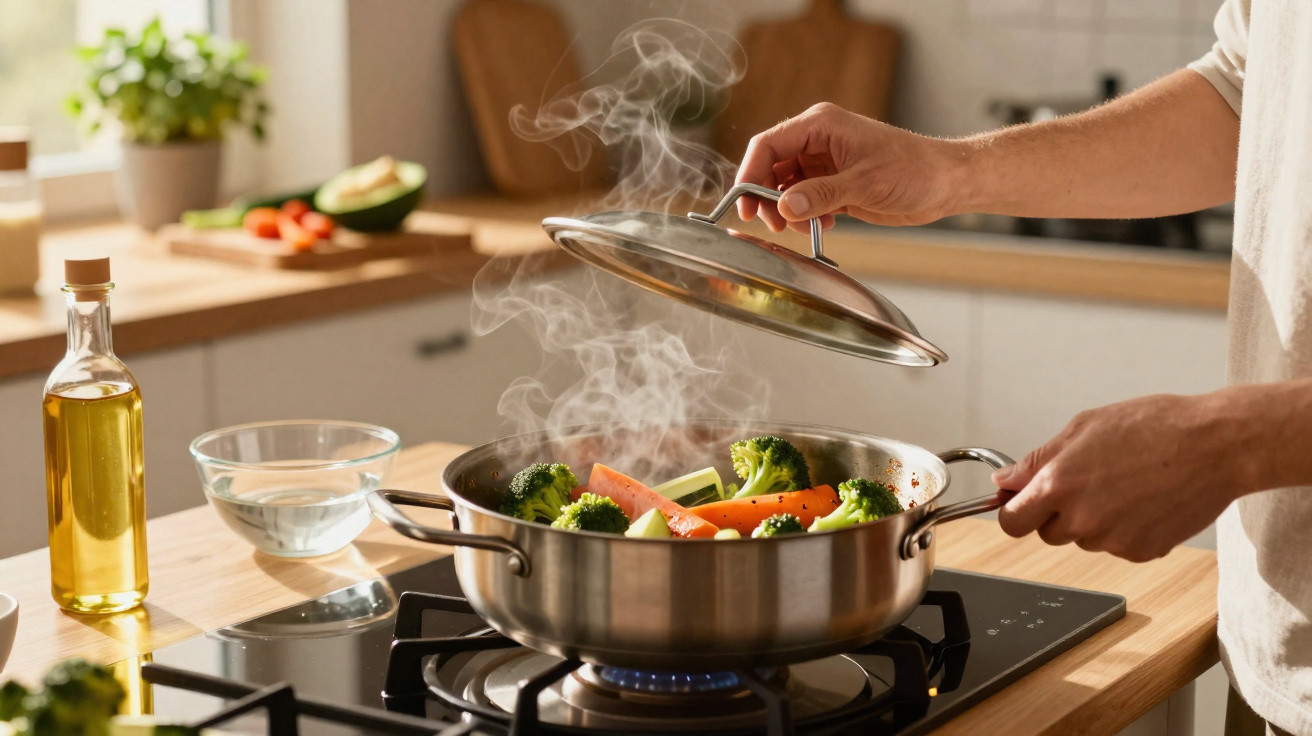 Pessoa levantando tampa de panela com legumes cozinhando no fogão a gás em cozinha iluminada natural.