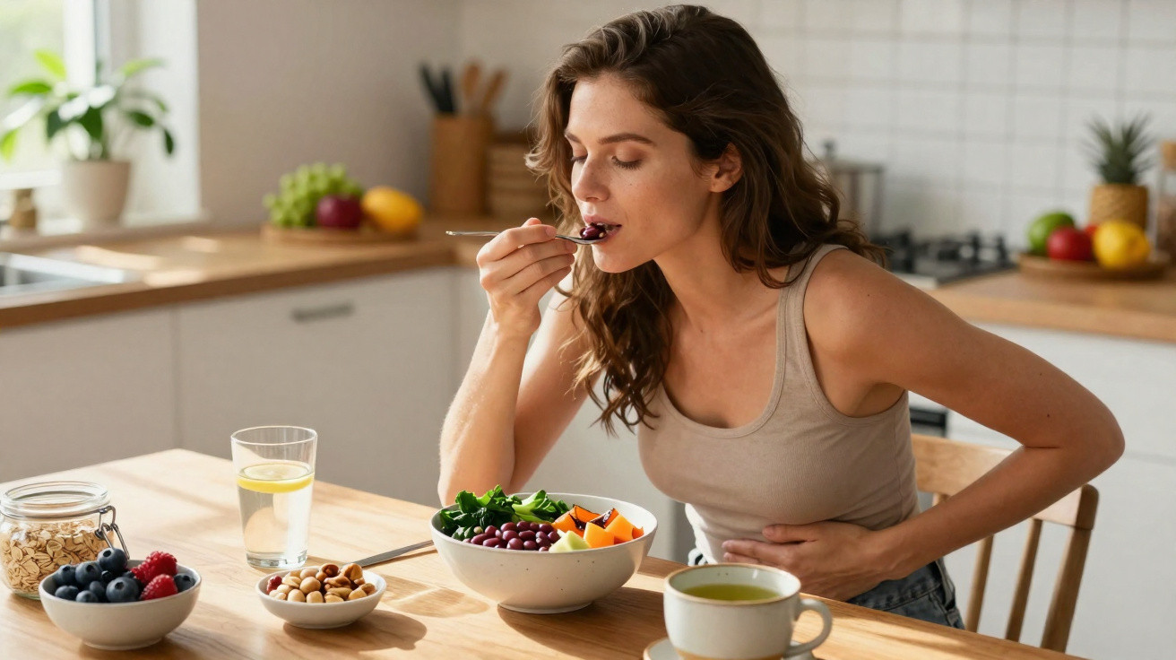 Mulher sentada à mesa comendo salada em cozinha clara, cercada por frutas, castanhas e chá.