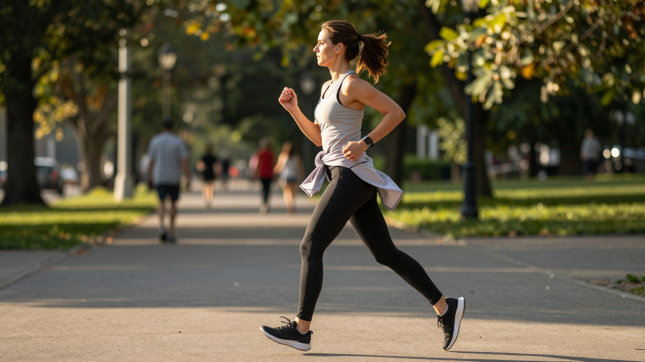 Mulher correndo em parque urbano com roupas esportivas pretas e cinza, árvores e pessoas ao fundo.