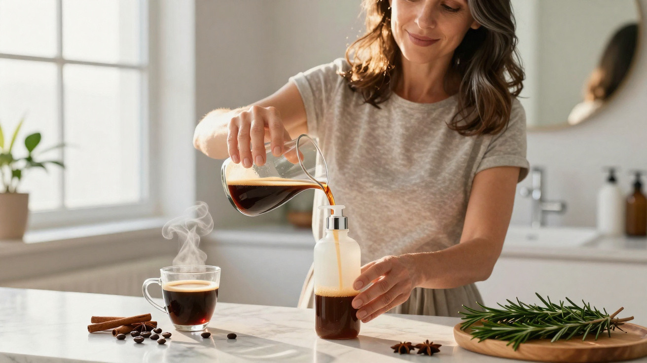 Mulher sorrindo despeja café em frasco de vidro branco em cozinha iluminada com planta e especiarias.