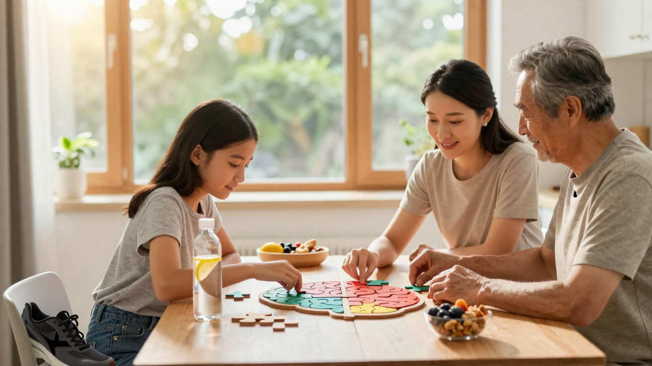 Três gerações de uma família montando um quebra-cabeça em forma de cérebro em uma mesa iluminada.
