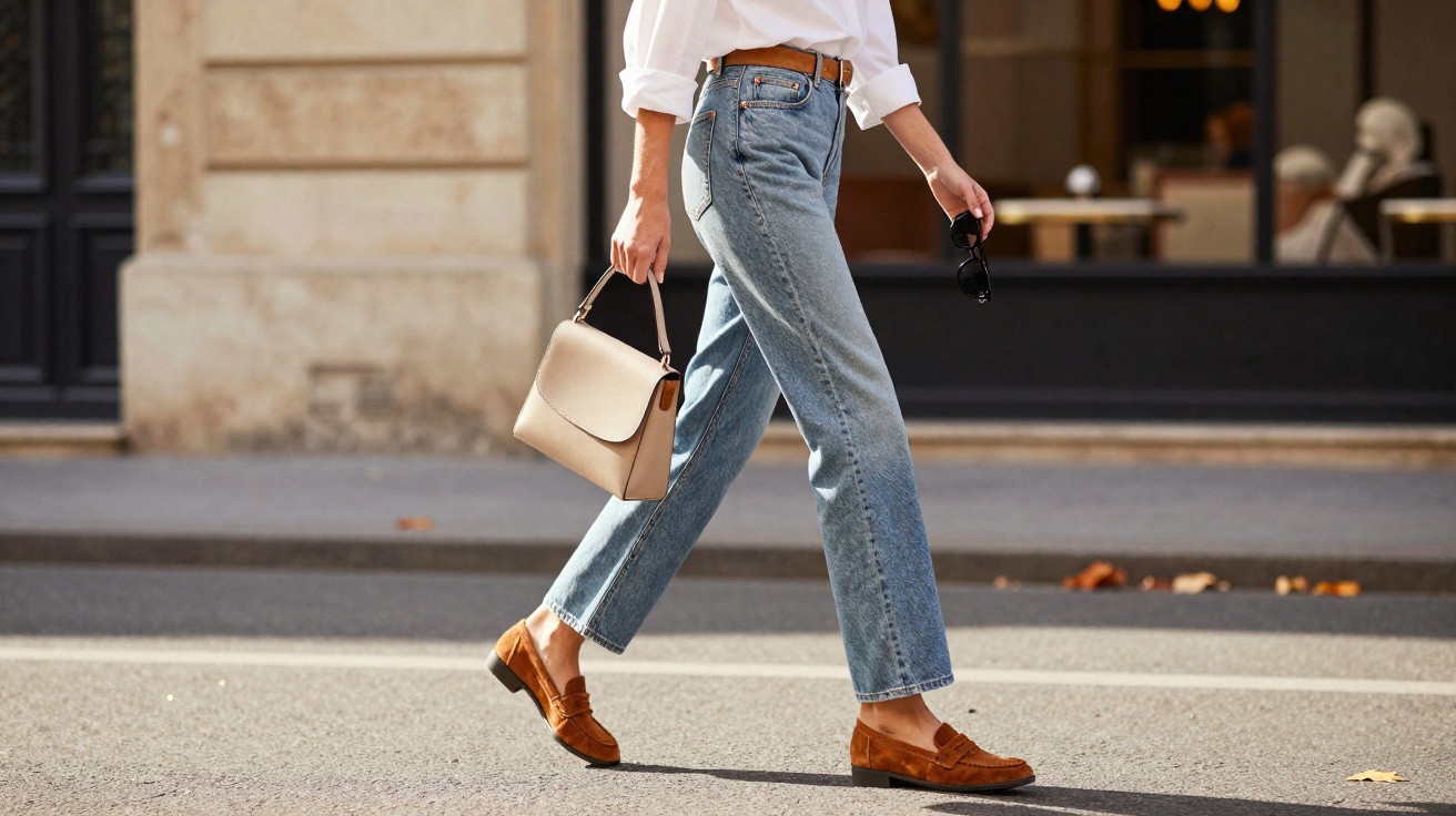 Pessoa caminhando na rua com calça jeans, camisa branca, mocassim marrom e bolsa bege.