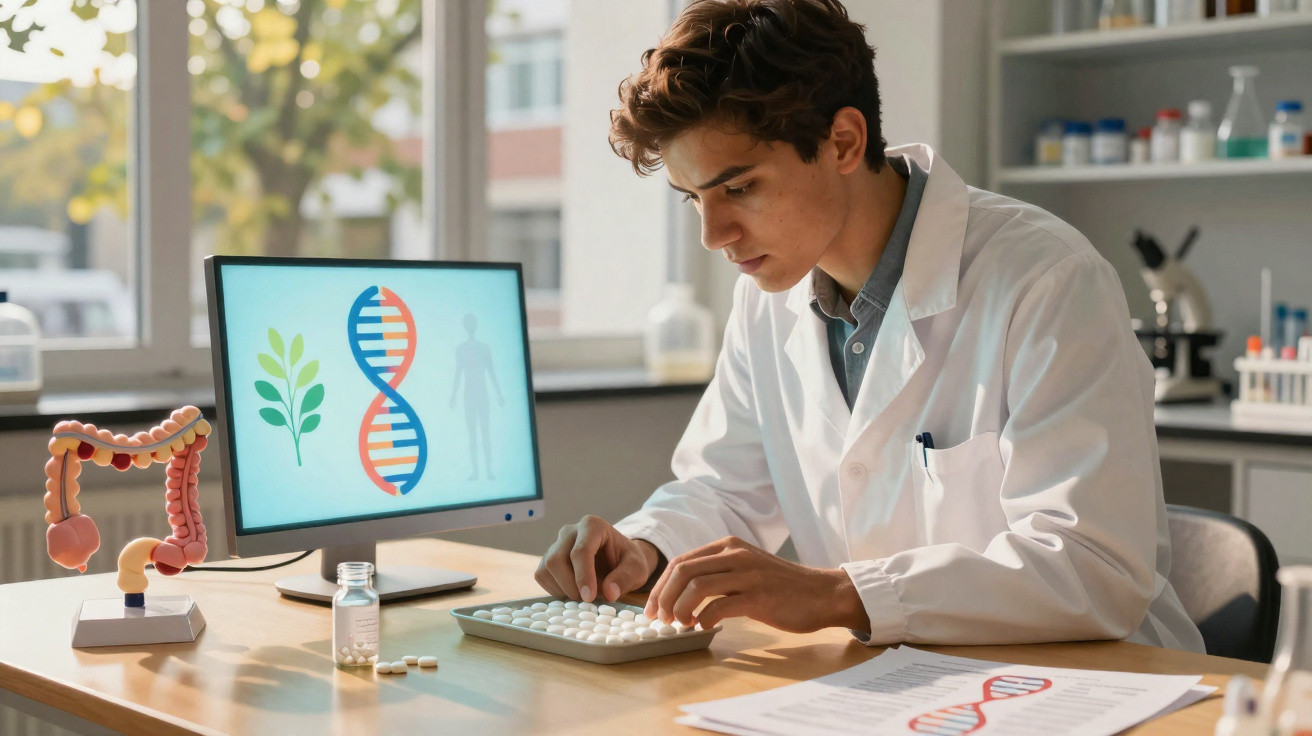 Jovem cientista em laboratório com jaleco branco analisando pílulas e monitor com DNA e planta.