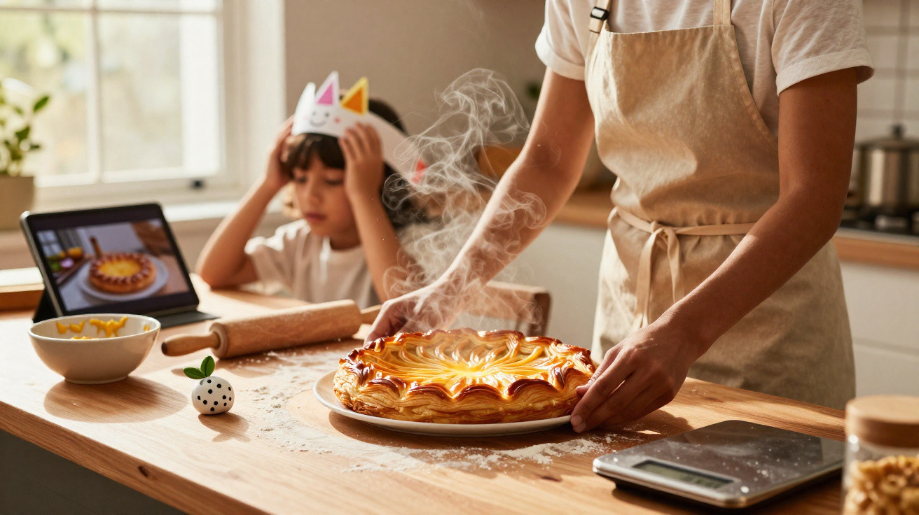 Pessoa colocando torta quente em prato numa cozinha, com criança ao fundo usando coroa de papel.