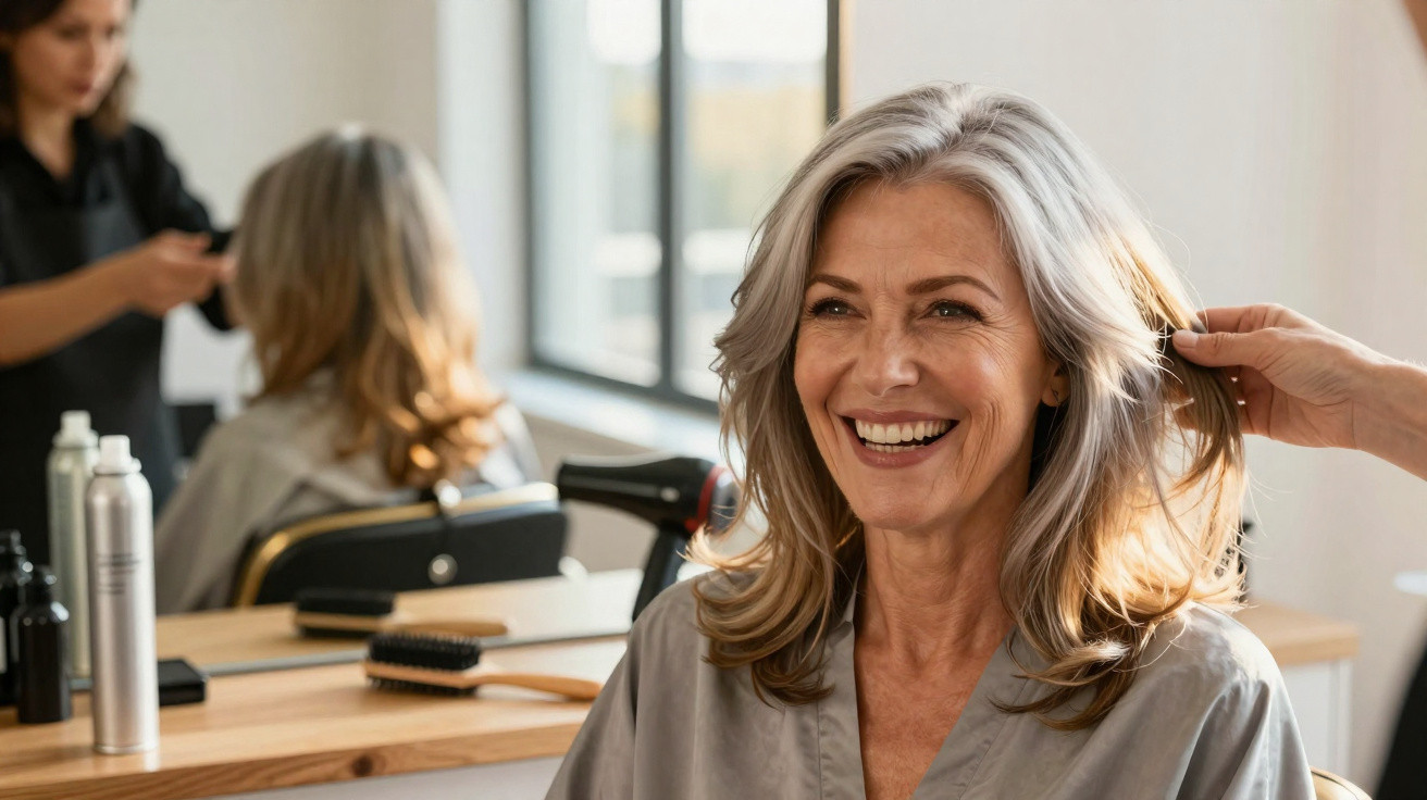 Mulher sorridente com cabelos grisalhos sendo arrumados em salão de beleza moderno e iluminado.
