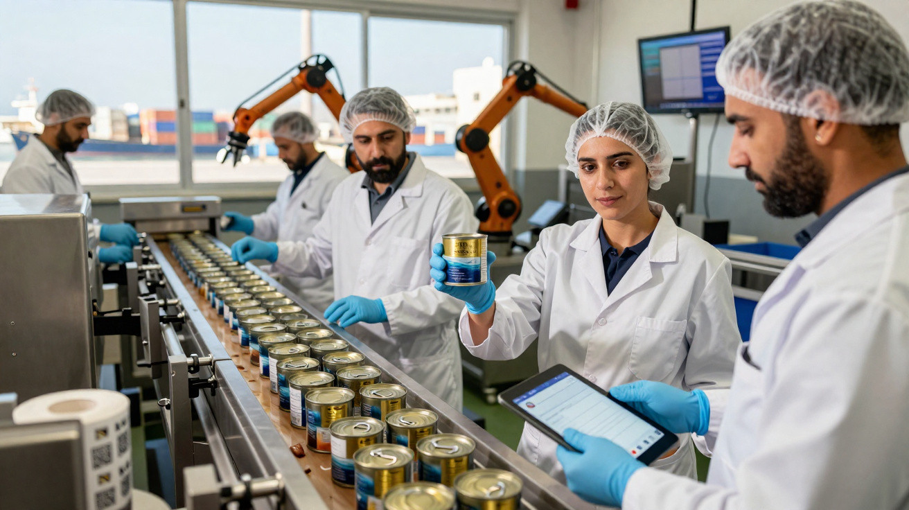 Funcionários com jaleco inspecionando latas em linha de produção em fábrica de alimentos.