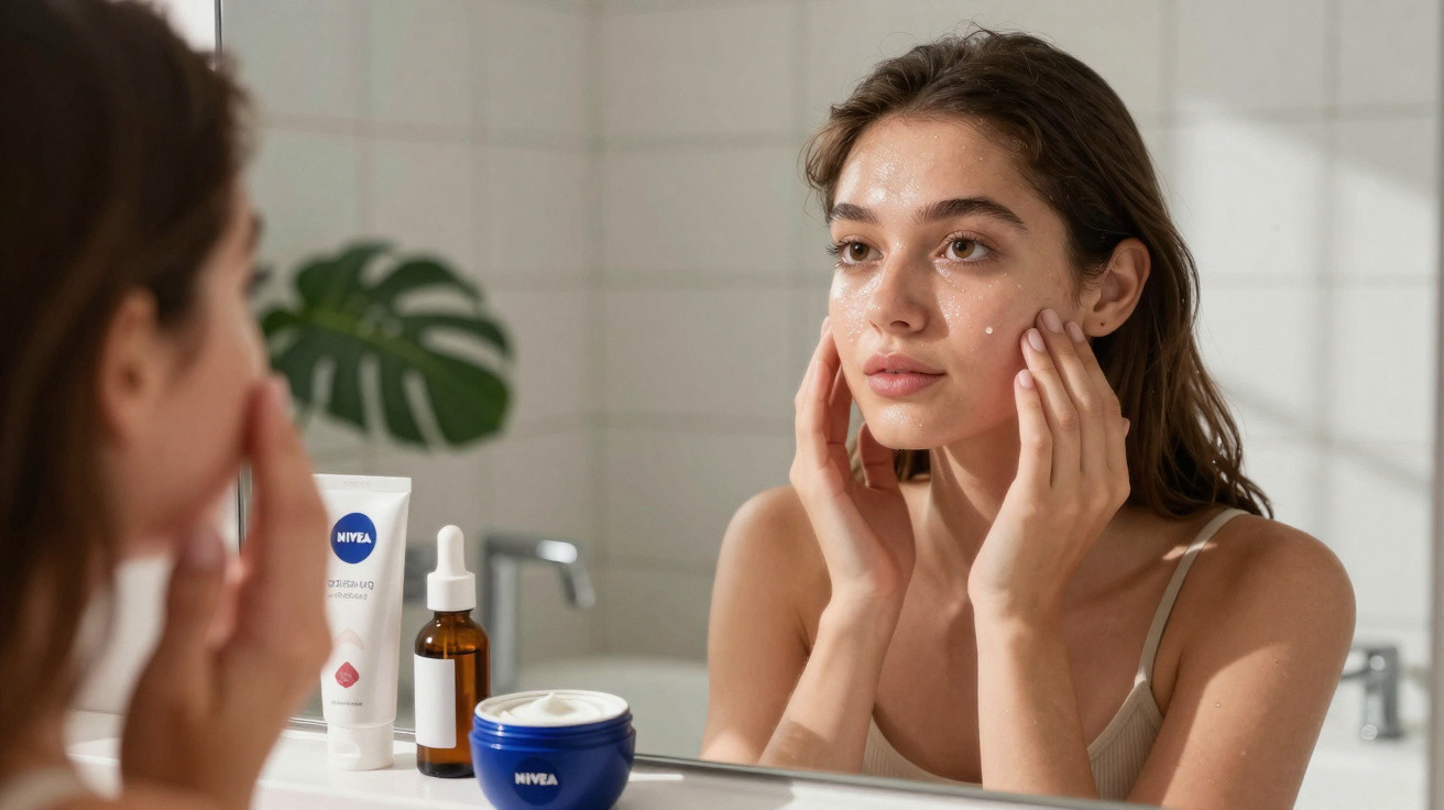 Mulher aplicando creme facial hidratante e olhando no espelho em banheiro iluminado.