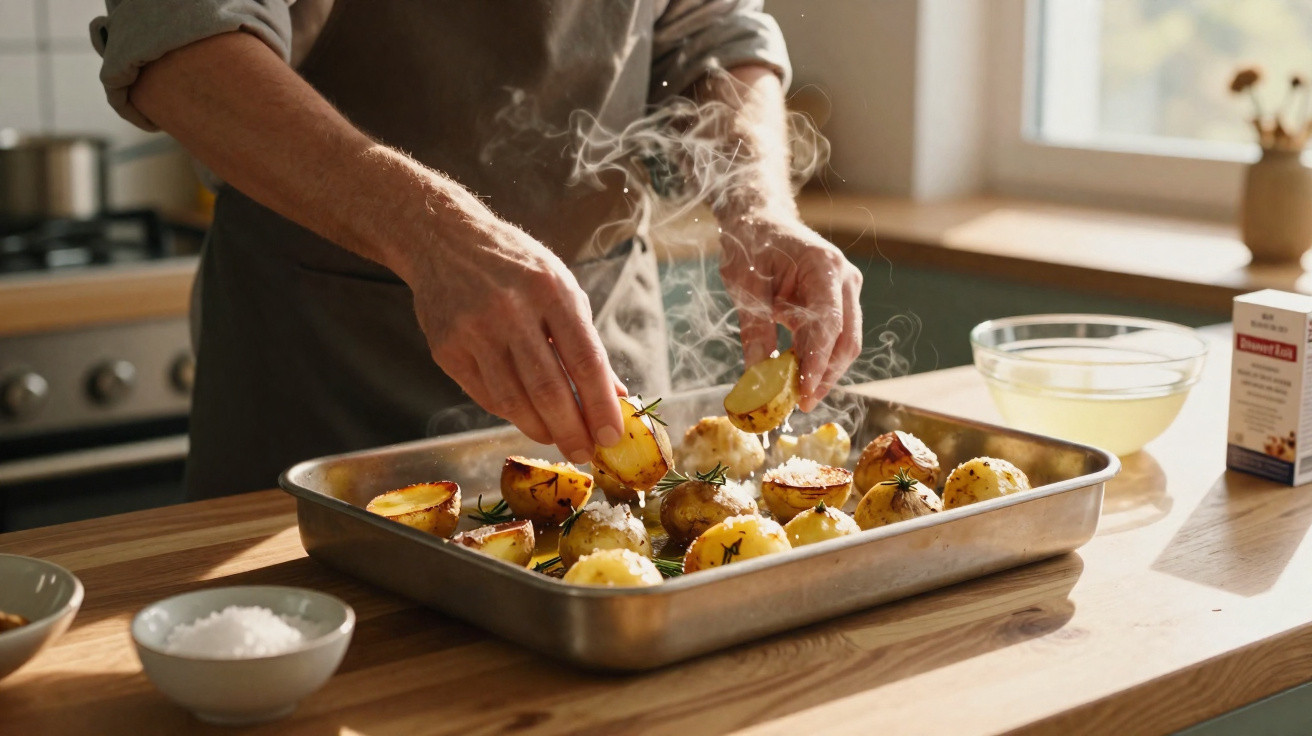 Mãos temperando batatas assadas em assadeira de metal numa cozinha iluminada pelo sol.