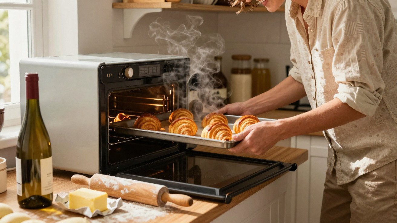 Pessoa retirando croissants quentes e fumegantes de forno em cozinha iluminada natural.