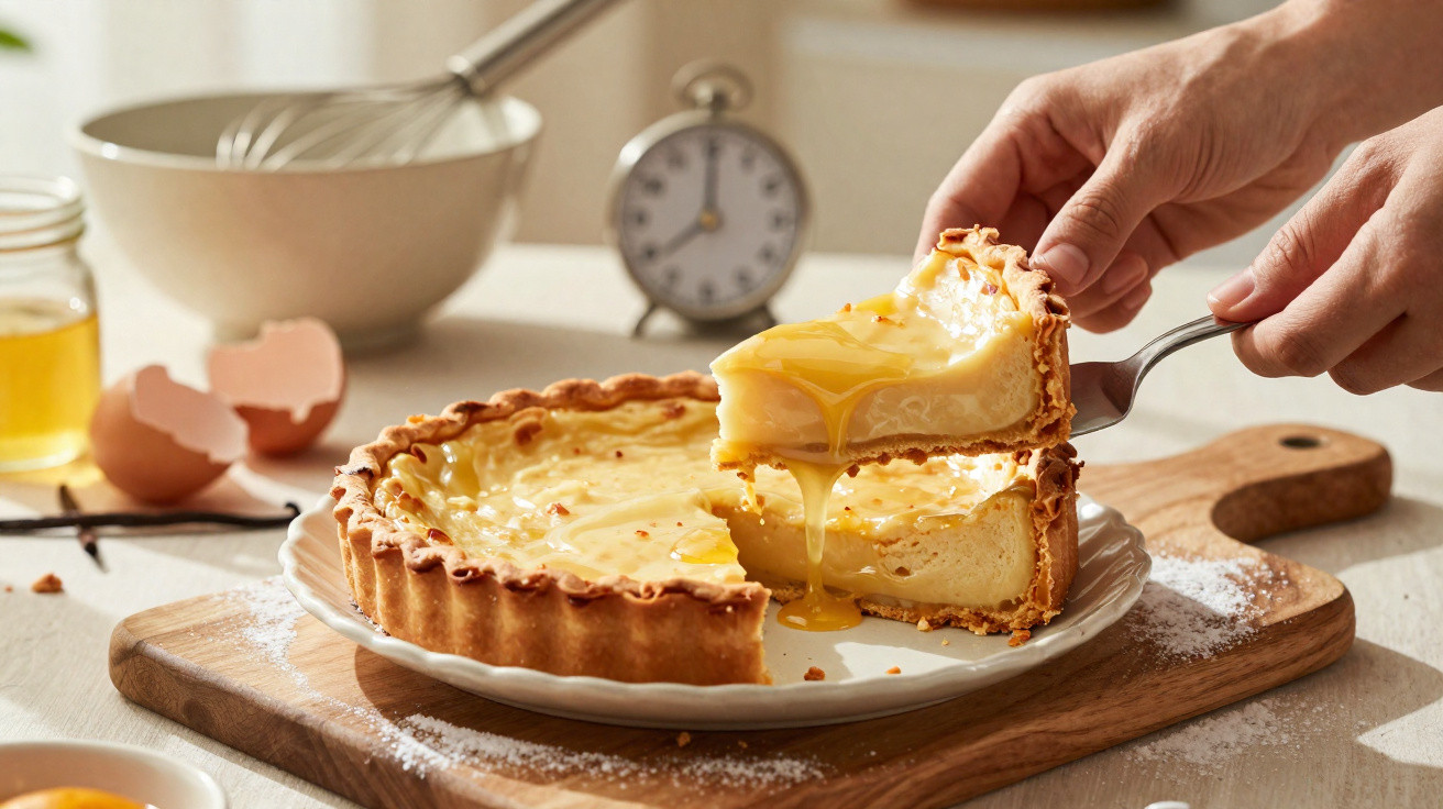 Pessoa servindo fatia de torta cremosa com calda amarela em prato branco sobre tábua de madeira.