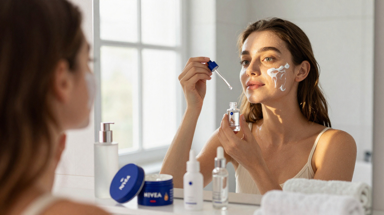 Mulher aplicando sérum facial e creme no rosto em frente ao espelho no banheiro iluminado.