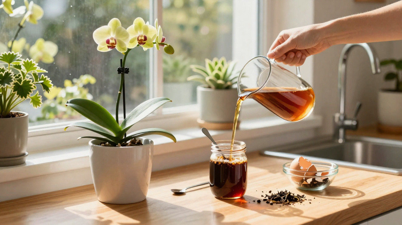 Pessoa despejando chá em pote de vidro na cozinha com plantas e luz natural na janela.