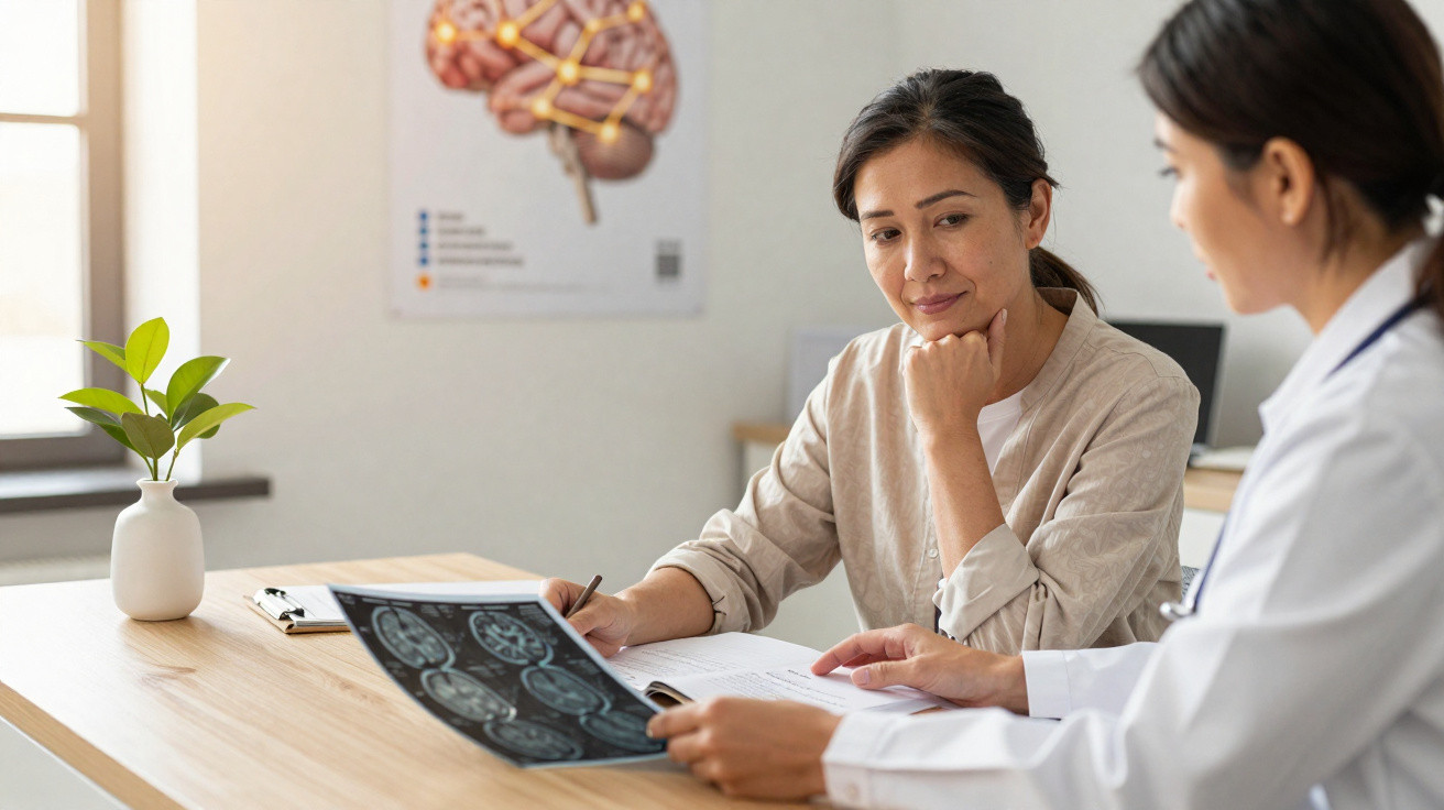Paciente e médica discutem exames de ressonância cerebral em consultório médico.