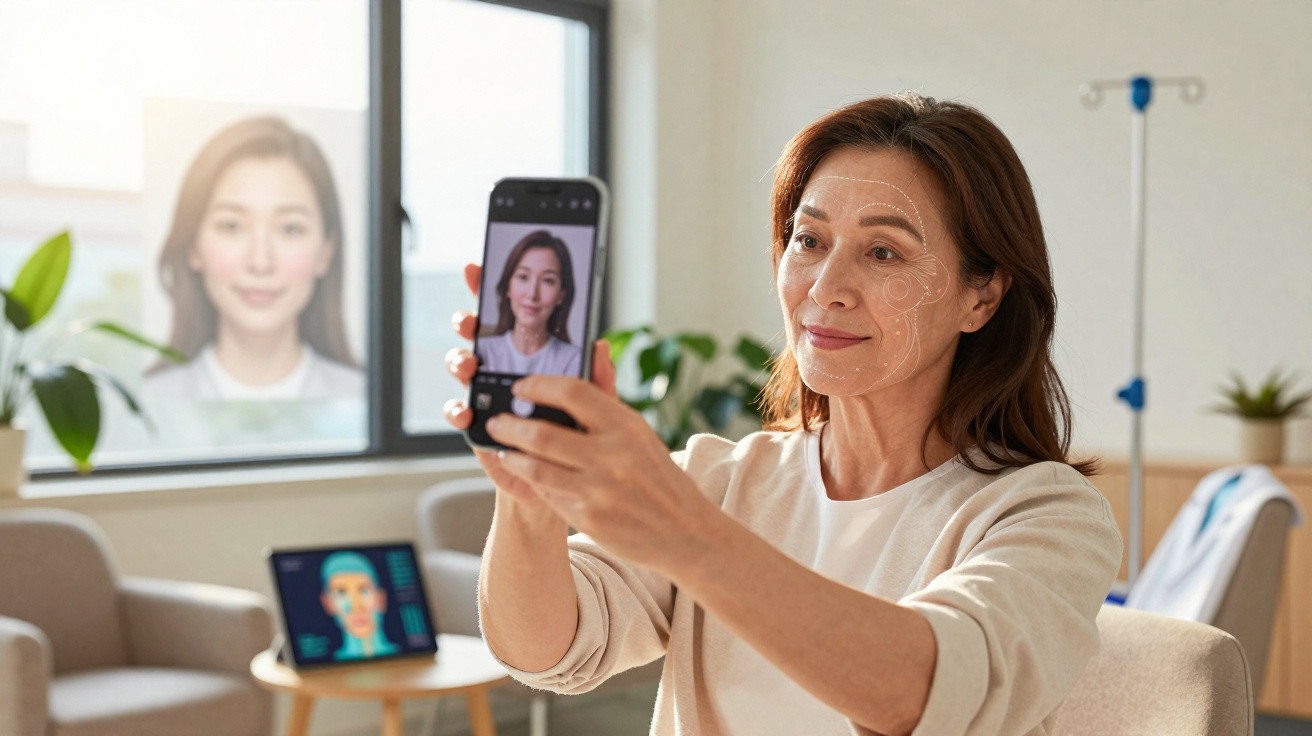 Mulher usando aplicativo de análise facial em smartphone em ambiente claro com plantas e dispositivos eletrônicos.