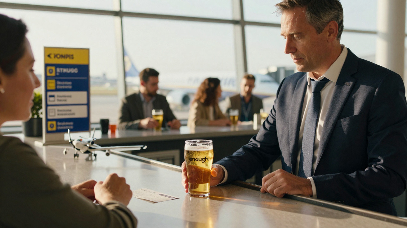 Homem de terno segurando copo de cerveja em balcão de bar no aeroporto com outros passageiros ao fundo.