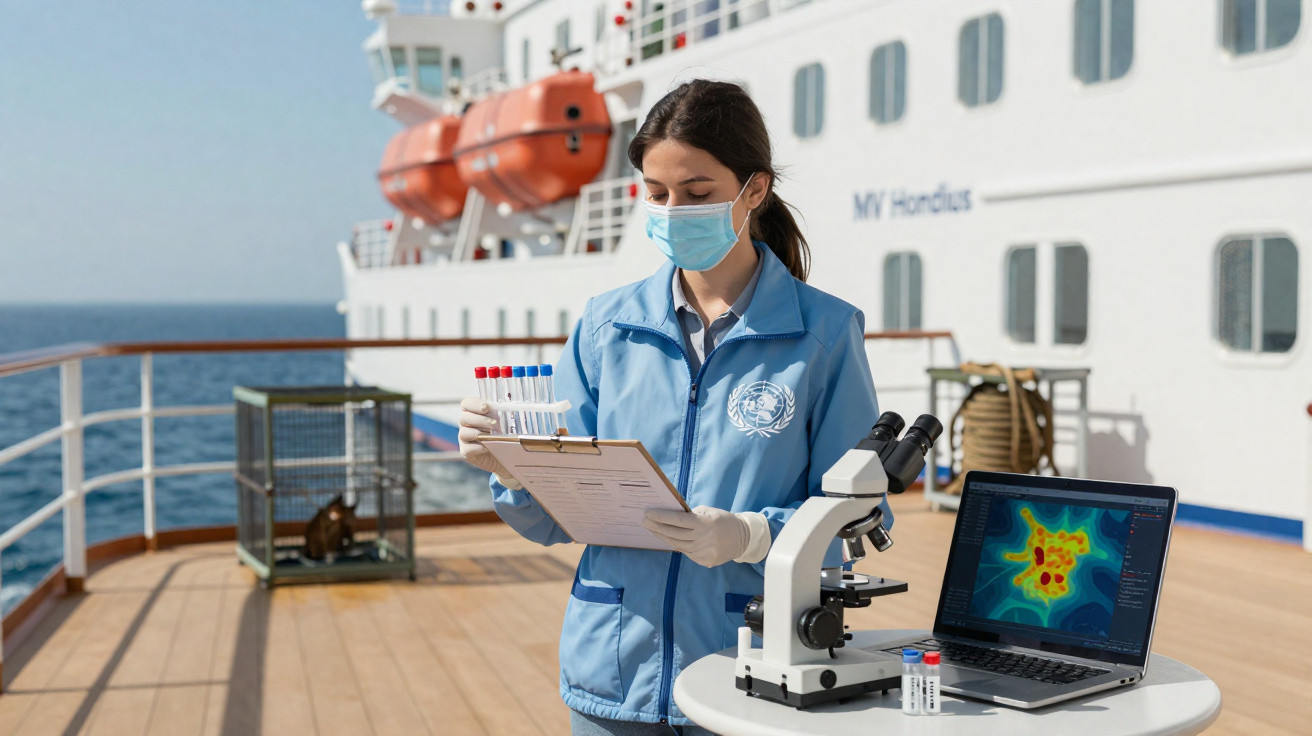Mulher cientista com jaleco e máscara analisa amostras em navio com microscópio e laptop ao ar livre.