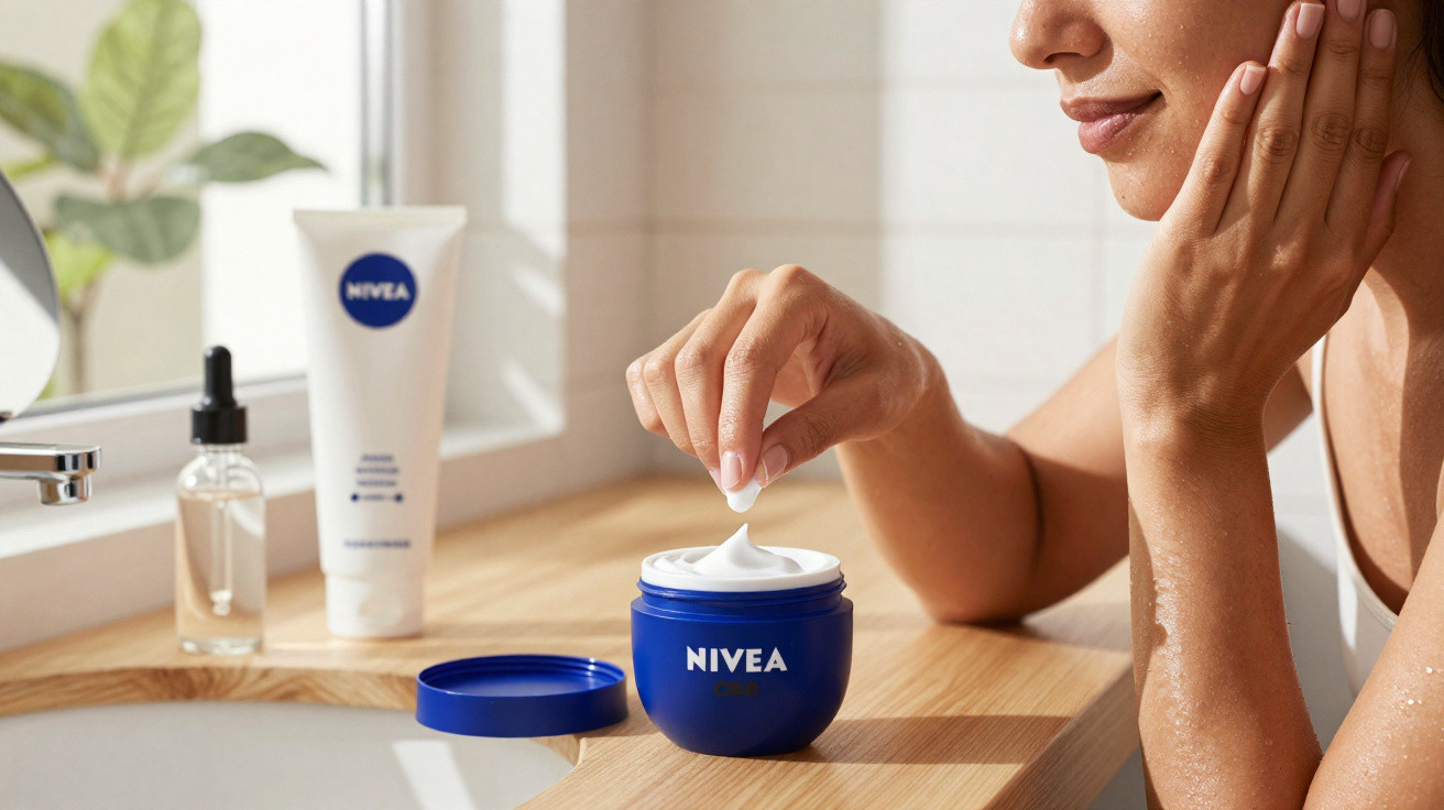 Pessoa aplicando creme facial Nivea, com rosto e mão tocando a bochecha em bancada de banheiro iluminado.