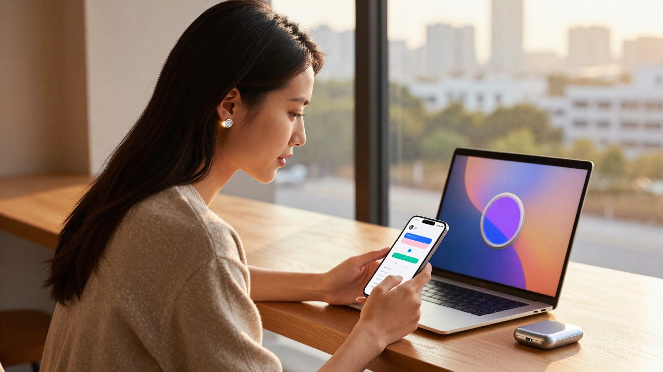 Mulher usando smartphone e notebook aberto com tela colorida em mesa próxima à janela.