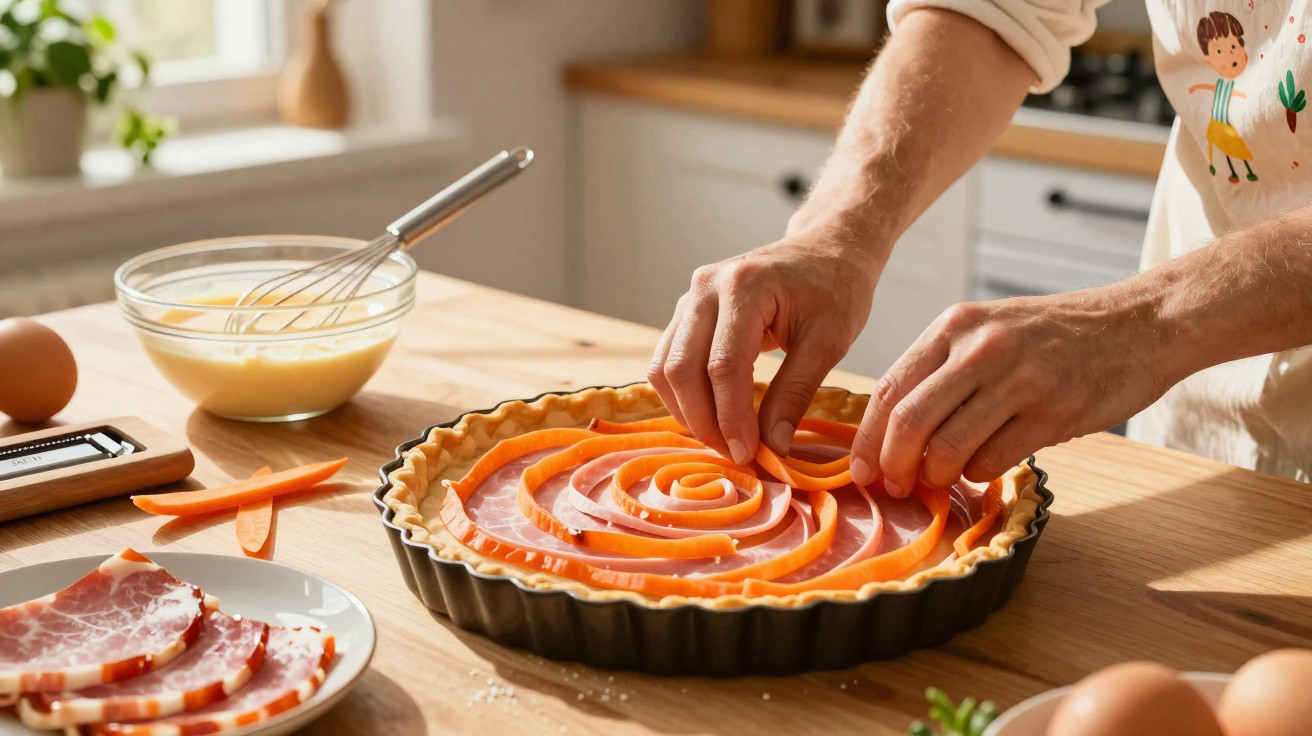 Mãos de um homem decoram uma torta salgada com fatias de cenoura em forma de espiral na cozinha.