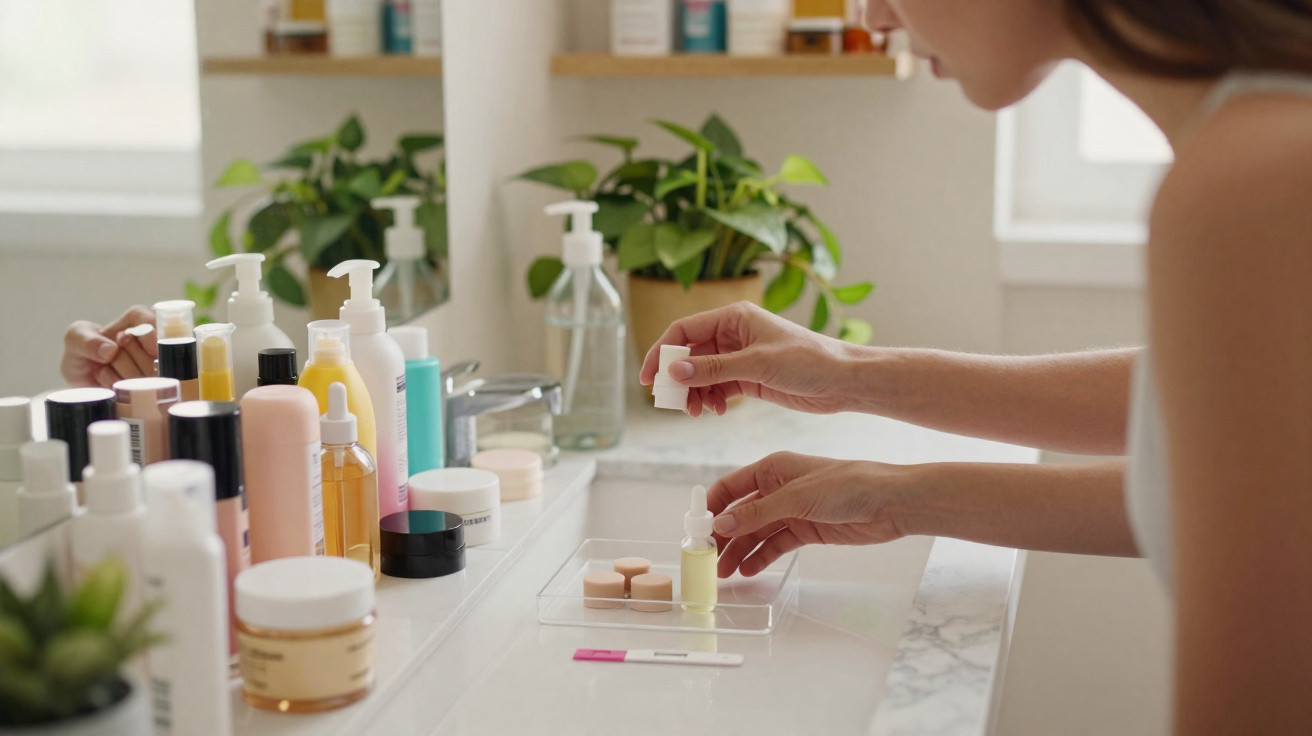 Pessoa organizando frascos de cosméticos sobre bancada de banheiro com espelho e plantas ao fundo.