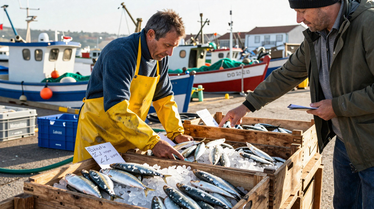 Dois homens negociam peixes frescos em gelo em caixas de madeira em um mercado de pescados ao ar livre.