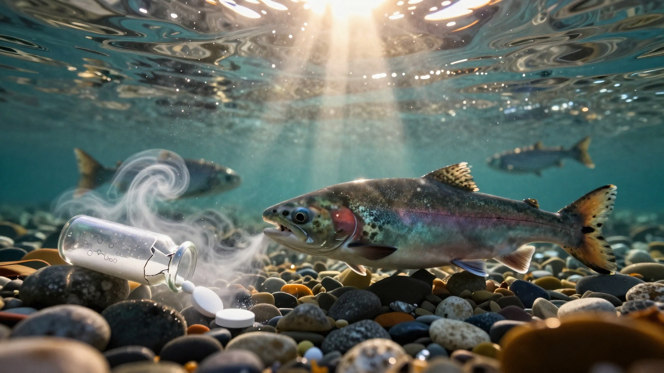 Peixes nadando em água clara sobre pedras com frascos e comprimidos promovendo poluição aquática.