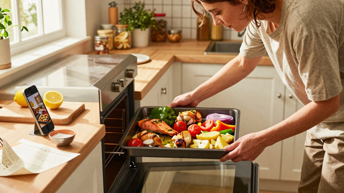 Pessoa retirando tabuleiro com legumes e salmão assado do forno em cozinha moderna e iluminada.