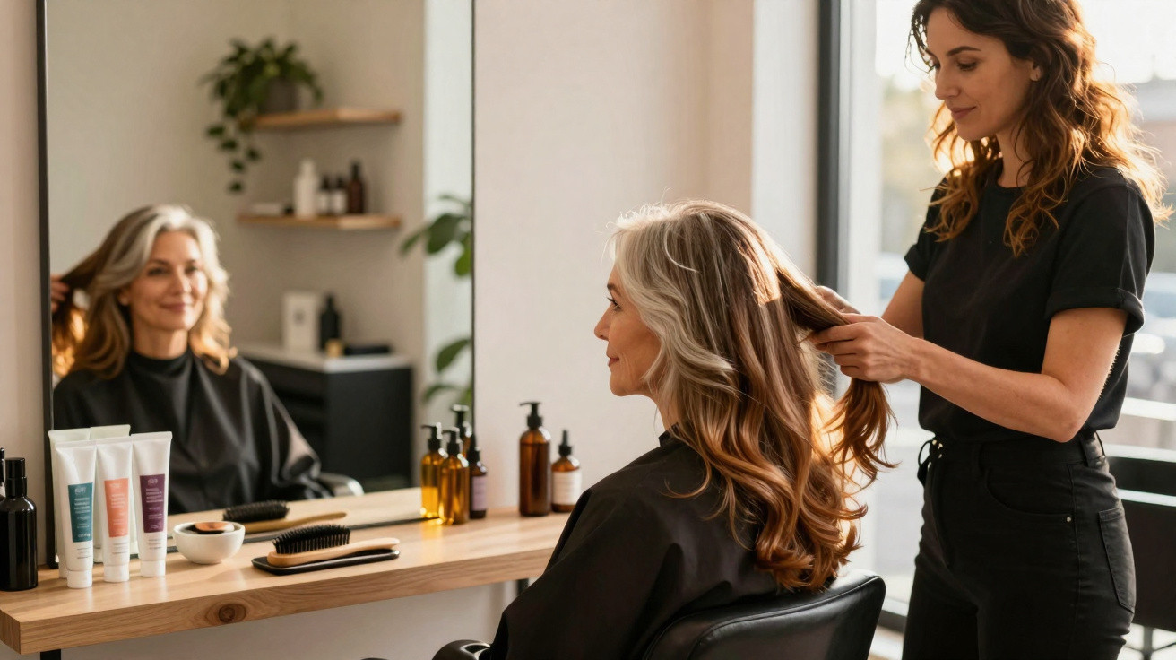Mulher mais velha sentada em cadeira de salão enquanto cabeleireira penteia seu cabelo longo e ondulado.