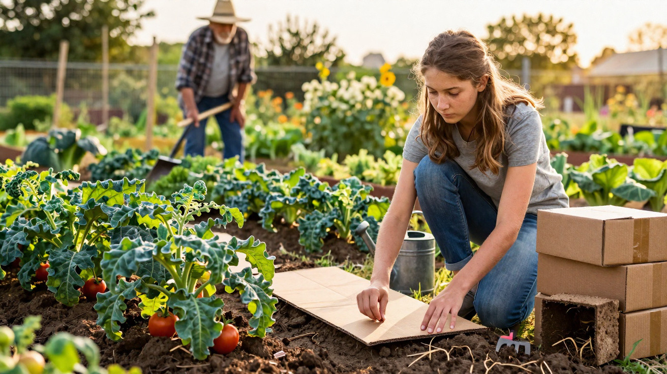 Jovem mulher agachada cuidando da horta, atrás homem usando enxada entre plantas e tomates maduros.