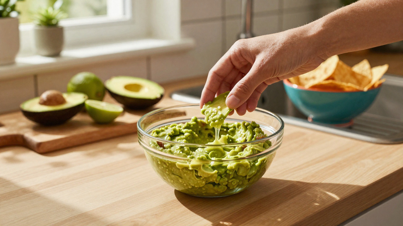 Mão segurando tortilha mergulhada em guacamole em tigela de vidro sobre bancada de madeira na cozinha.