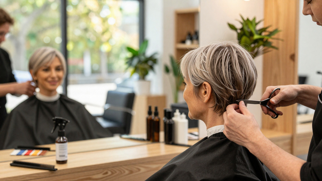 Mulher de cabelos curtos grisalhos cortando cabelo em salão moderno com decoração acolhedora.