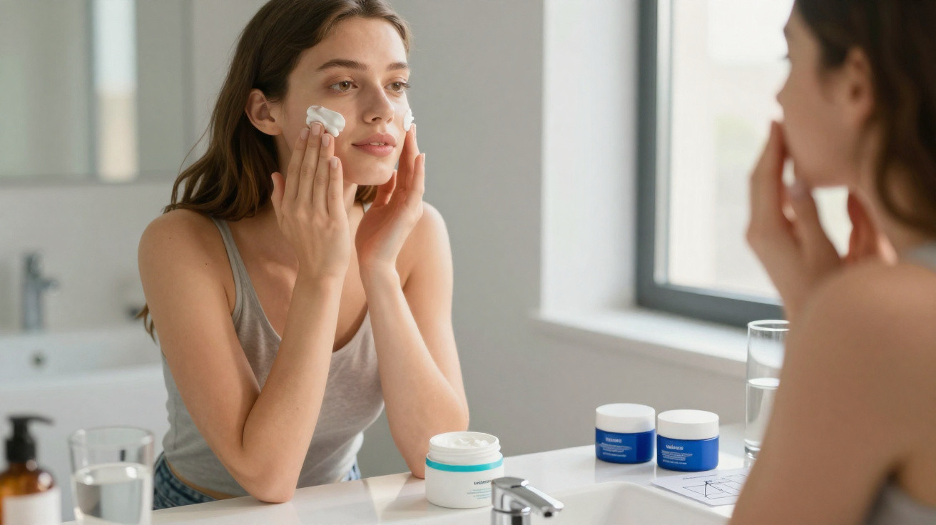 Mulher aplicando creme facial no rosto em frente ao espelho no banheiro com produtos de skincare.