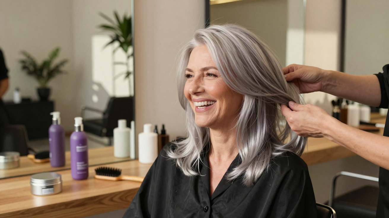 Mulher de cabelos grisalhos sorrindo enquanto cabeleireiro arruma seu cabelo em salão.
