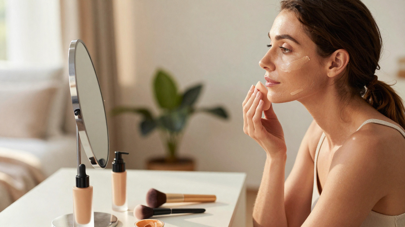 Mulher aplicando base facial enquanto se olha no espelho em ambiente interno iluminado natural.