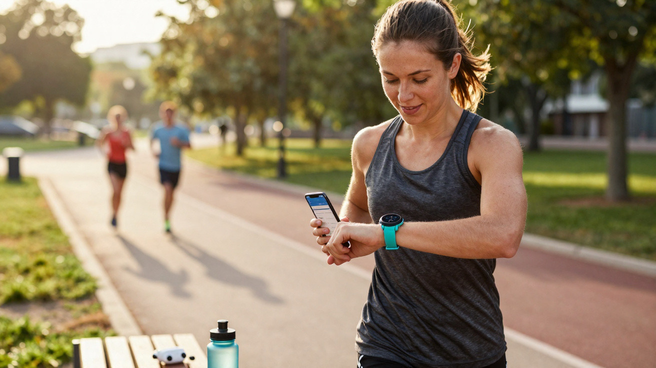 Mulher vestindo roupa esportiva olhando relógio smartwatch no parque durante exercício matinal.