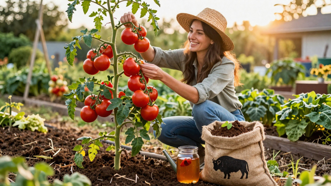 Mulher sorridente colhendo tomates vermelhos maduros em uma horta ao ar livre ao entardecer.