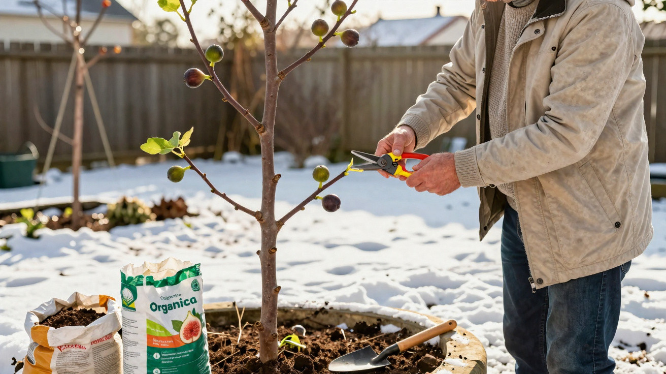 Pessoa podando árvore frutífera em vaso grande com neve no chão ao fundo em jardim residencial.