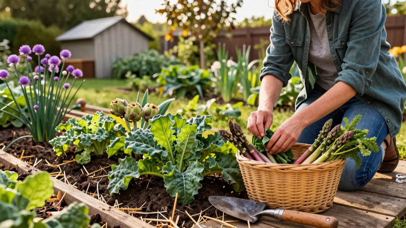 Mulher colhendo aspargos e verduras em cesta em horta com flores e plantas ao redor.