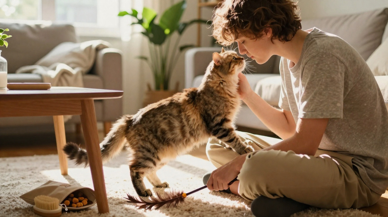 Jovem sentado no chão brinca e faz carinho em gato ao lado de mesa em sala iluminada pela luz natural.