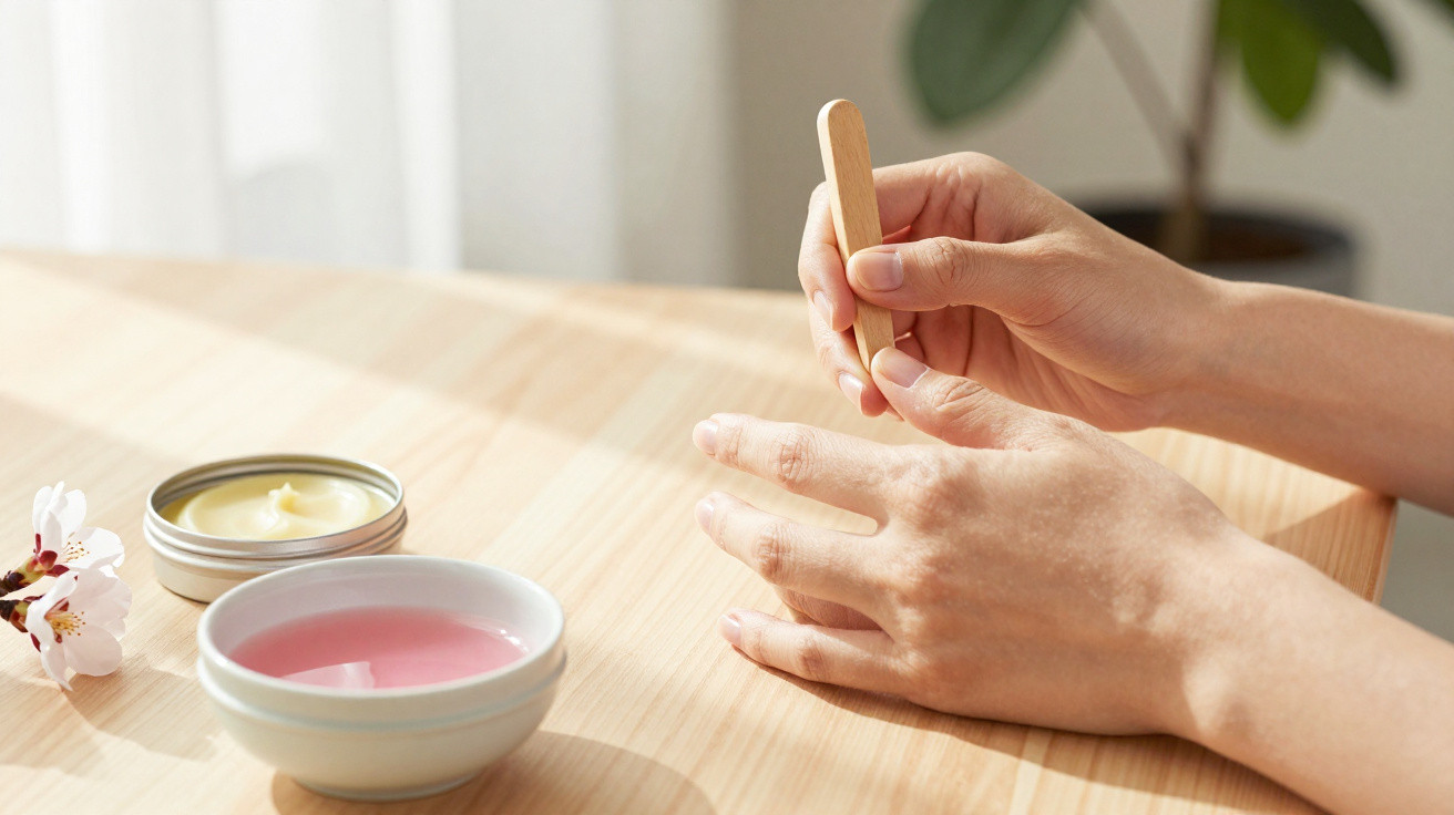 Mãos femininas preparando as unhas com uma espátula de madeira em mesa clara com cremes e flor.