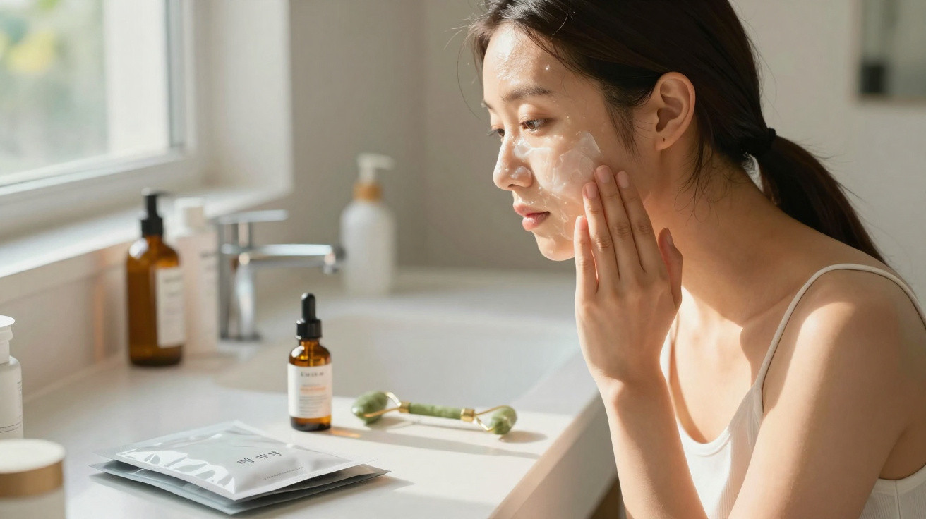 Mulher aplicando creme facial em ambiente de banheiro com utensílios de beleza ao fundo.